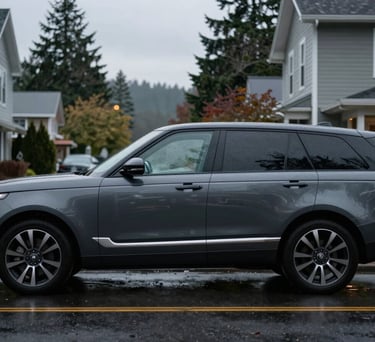 A discreet dark slate gray luxury SUV parked on a quiet, rainy street in a North American / Pacific Northwest neighborhood during the evening.