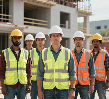 A professional group of diverse tradespeople standing together in front of a modern construction project, wearing safety vests and hard hats, looking forward with confidence. North American / US construction site during daytime.