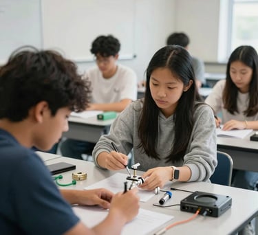 A bright, clean classroom setting with North American students engaged in a technical lecture about sustainable plumbing practices. Sharp, high-contrast photography.
