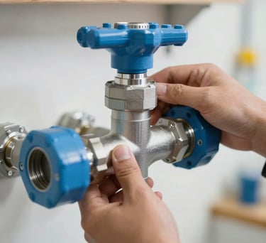 A close-up photograph of hands working on a modern plumbing manifold in a bright, professional workshop setting. The lighting is clean and bright, highlighting the steel blue and pale blue accents of the equipment. North American / US context.