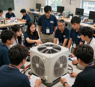 A wide shot of a collaborative workshop session where students and mentors are gathered around an HVAC system. The atmosphere is focused and empowering. North American / US technical school.