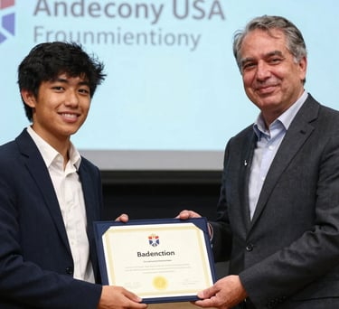 A student receiving a certificate of achievement from an industry leader, both smiling. The background shows a professional foundation event. North American / US context.