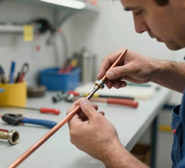 A close-up, dynamic shot of a North American / US plumbing apprentice intently learning to solder copper pipes under the guidance of a seasoned instructor, whose hands are also visible. The setting is a well-lit, modern vocational training workshop with tools and equipment in the background, conveying professionalism and practical skill development. Focus on clear, sharp details of the hands and the materials. Realistic, documentary style.
