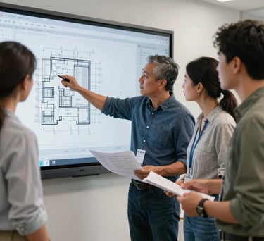A focused, medium shot of a diverse group of North American / US HVAC students and an instructor reviewing blueprints or digital schematics on a large screen in a collaborative, modern classroom setting. They are engaged in discussion, pointing to details on the plan. The lighting is bright and even, highlighting teamwork and forward-thinking education. Professional, clean style.