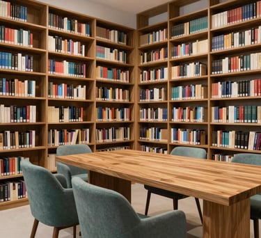 Interior of a modern South Asian library and resource center, shelves filled with books, a large wooden table, and comfortable seating in muted teal and tan colors.
