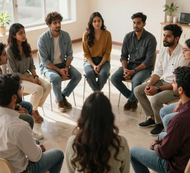 A group of diverse South Asian individuals sitting in a circle in a sunlit room, engaged in a focused and respectful community support group meeting, warm tones.
