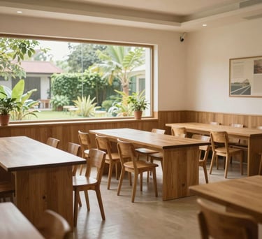A bright, clean South Asian community center hall with minimalist wooden furniture and a large window overlooking a lush garden, soft natural light, warm and inviting atmosphere.