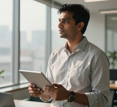 A South Asian / Indian professional standing in a sunlit modern office, holding a tablet, looking thoughtful and trustworthy, soft natural light filtering through large windows.