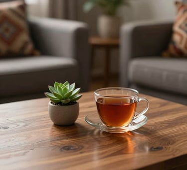 Close-up of a wooden table in a counseling room with a small succulent and a warm cup of tea, South Asian patterned textiles in the blurred background, soft diffused lighting.