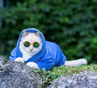 Un gato blanco con una sudadera con capucha azul y gafas de sol sobre una piedra al aire libre