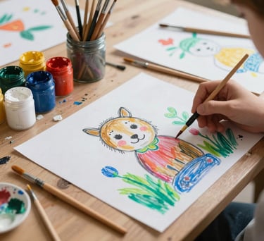 An art workshop table with paints, brushes, and colorful drawings made by children, showing creative expression.