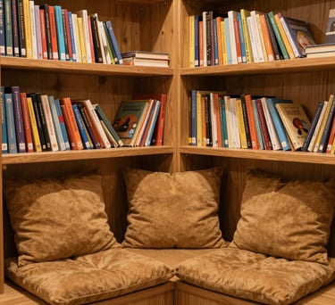 A cozy library corner with wooden shelves filled with children's books, soft cushions in tawny brown, and a warm atmosphere for reading.