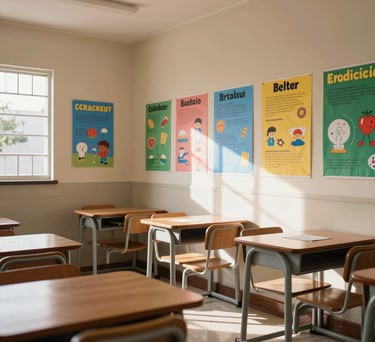A bright classroom with colorful educational posters on beige walls, wooden desks, and sunlight streaming through windows in a Brazilian community school.