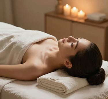A photography shot from the side of a female customer lying on a massage table, her eyes closed in bliss. The background is softly blurred with warm candle light and sage-colored textiles. Global / International Luxury.