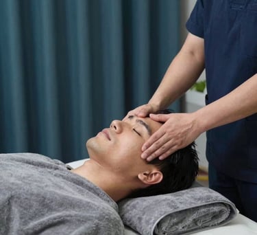 A high-end photography shot of a male customer receiving a relaxing head massage from a therapist. The environment is serene with blue-grey and dark teal decor. Global / International Luxury.