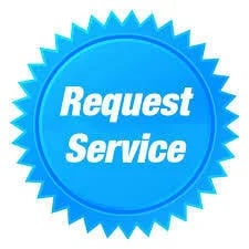 A blue serrated seal icon featuring the white text Request Service for a call to action button.