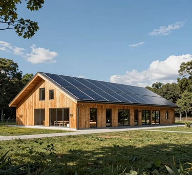 A wide-angle photo of a modern community center building with sustainable wooden architecture and solar panels, surrounded by green trees, under a bright blue sky.