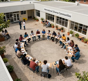 An aerial view of a vibrant, clean community center where people are gathering for an educational workshop, International / Diverse Communities, bright and inviting.