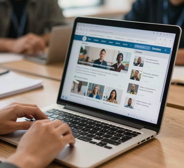 A close-up photograph of a digital literacy workshop in an International / Diverse Community, showing a modern laptop screen with educational software and hands interacting with it, bright natural lighting, warm atmosphere.