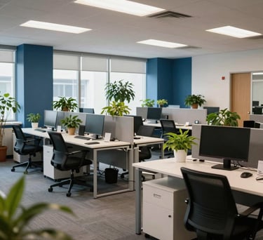 A bright, open-plan office space for the foundation, featuring collaborative desks, green indoor plants, and a palette of blue and white, professional and warm atmosphere.