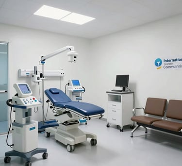 An interior shot of a clean, modern medical clinic with bright white walls and blue accents, showing medical equipment and a comfortable waiting area, International / Diverse Communities.