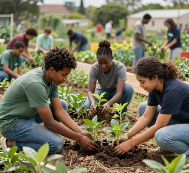 A vibrant community garden project where diverse volunteers are planting green seedlings together, representing sustainable development, soft daylight, lush green and beige earthy tones, International / Diverse Communities.