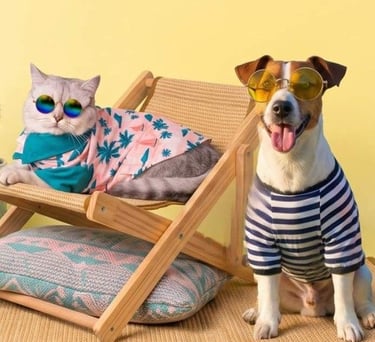 Un gato y un perro que llevan gafas de sol y ropa de verano, descansan en sillas de playa