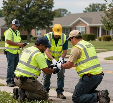 An action shot of North American aid workers in high-visibility gear providing assistance during a recovery effort in a US suburban neighborhood.