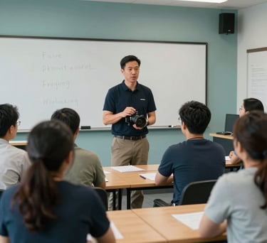 A professional photography shot of a North American job training workshop, where an instructor is mentoring a small group of adults in a bright, modern classroom with muted teal accents.