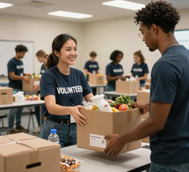 A candid photography shot of North American volunteers distributing fresh food boxes in a clean, well-organized community center.
