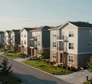 A wide photography shot of a newly constructed, sustainable affordable housing complex in a North American suburb, featuring clean architectural lines, green spaces, and soft natural sunlight, emphasizing stability and quiet strength.