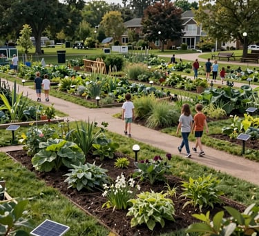 A wide photography shot of a North American community garden and sustainable park, showing families walking through green spaces with solar-powered lighting.
