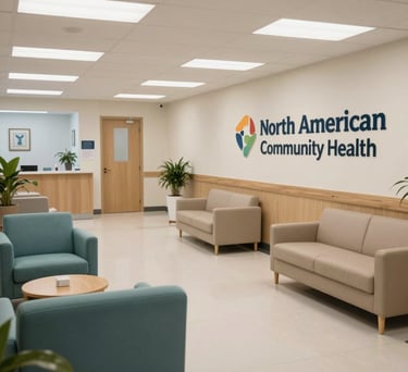 A high-quality photo of a North American community health clinic lobby, showing a clean, professional, and welcoming atmosphere with beige and muted teal furniture.