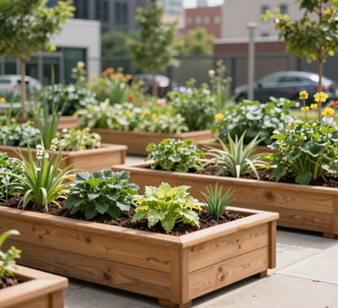 A bright, professional photograph of a modern community garden in a North American urban setting, with well-maintained wooden planters and lush greenery, symbolizing sustainable community development and growth.