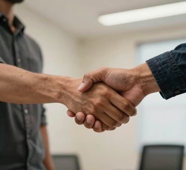 A close-up high-quality photo of hands of diverse North American people shaking, representing a collaborative partnership, in a bright office space with soft beige walls.