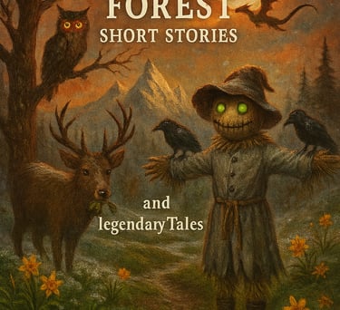 Moonlit forest scene with a glowing scarecrow, deer, owl, crows, and a dragon overhead.