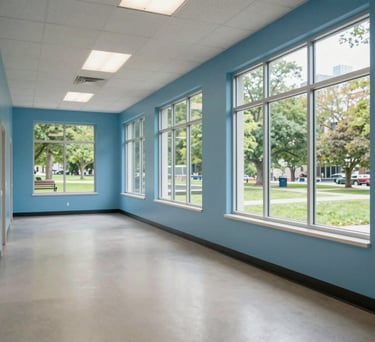 A wide-angle interior shot of a welcoming community center hallway in the US, with walls painted in a calming Powder Blue and large windows overlooking a green city park.