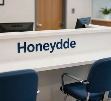 A bright photograph of a North American legal aid reception area with a Honeydew white desk and Prussian Blue chairs, looking professional and trustworthy.