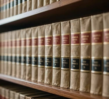 A photograph of a legal library shelf with classic law volumes in a North American office, filtered through soft sunlight to evoke a sense of tradition and wisdom.