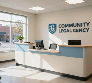 A bright, clean interior of a community legal center in a North American / US city. The scene shows a welcoming reception desk with soft Off-white and Light Blue accents, natural sunlight streaming through large windows.