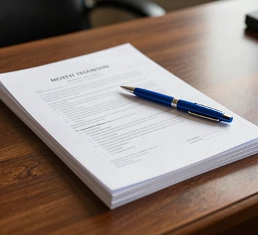 A close-up photograph of a polished wooden desk in a North American legal office, featuring a stack of official documents and a soft Prussian Blue pen, bathed in bright, natural morning light.