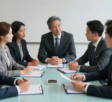 A lifestyle photograph of a diverse legal team in a North American boardroom having a collaborative discussion, focused on documents on a Celadon Blue table.