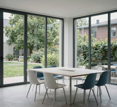 Interior shot of a modern, minimalist Danish meeting room with large windows overlooking a green urban space, featuring furniture in soft white and steel blue tones, conveying a sense of transparency and calm.