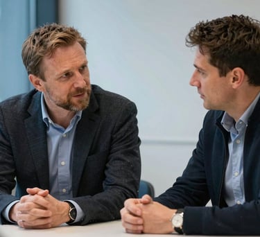 A photo of two professionals in a Northern European setting, engaged in a focused but calm conversation across a table, emphasizing a supportive and empathetic atmosphere with soft blue accents.