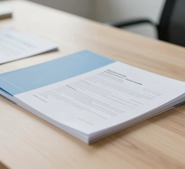 A close-up shot of professional documents on a minimalist wooden desk in a bright Northern European office, featuring light blue and off-white tones, soft natural lighting.