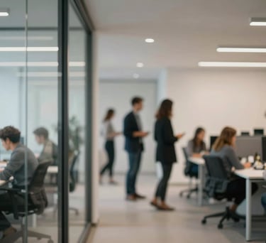 An out-of-focus background of a collaborative Danish office space with glass walls and clean architectural lines, professional and secure atmosphere.