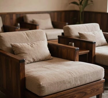 A serene relaxation lounge with comfortable beige seating, dark wood accents, and a tranquil South Asian aesthetic.