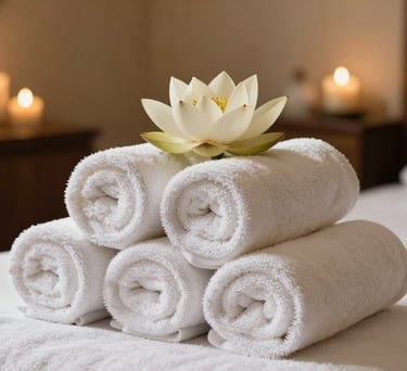 Elegant arrangement of rolled white towels and a single lotus flower in a premium Indian spa interior with soft, warm lighting.