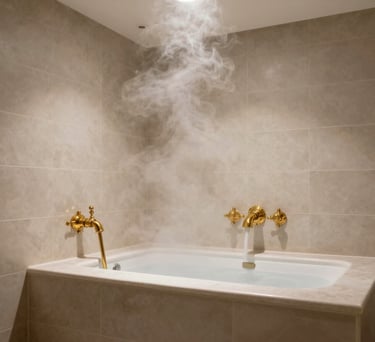 A private steam bath room with light beige tiles, elegant gold fixtures, and soft steam rising in the light.