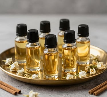 A display of premium aroma oils in glass bottles on a gold tray, surrounded by dried jasmine and incense sticks.